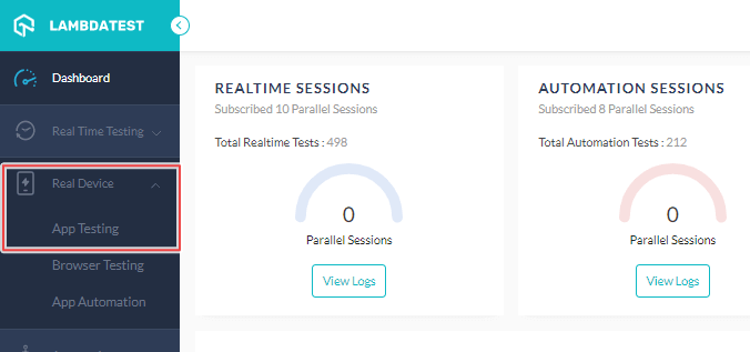 Real Device > App Testing in dashboard 