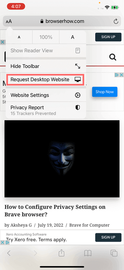 Request Desktop Website to view the desktop version of the website