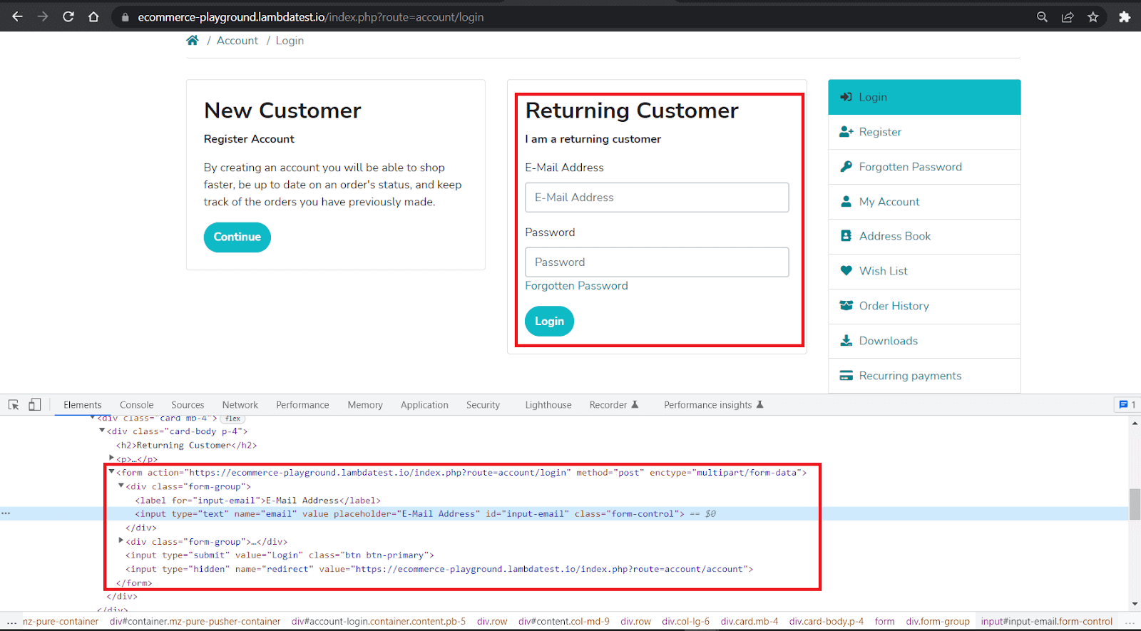 Returning Customer pages account py