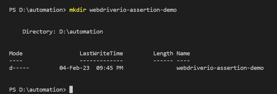 WebdriverIO Assertions mkdir webdriverio-assertion-demo