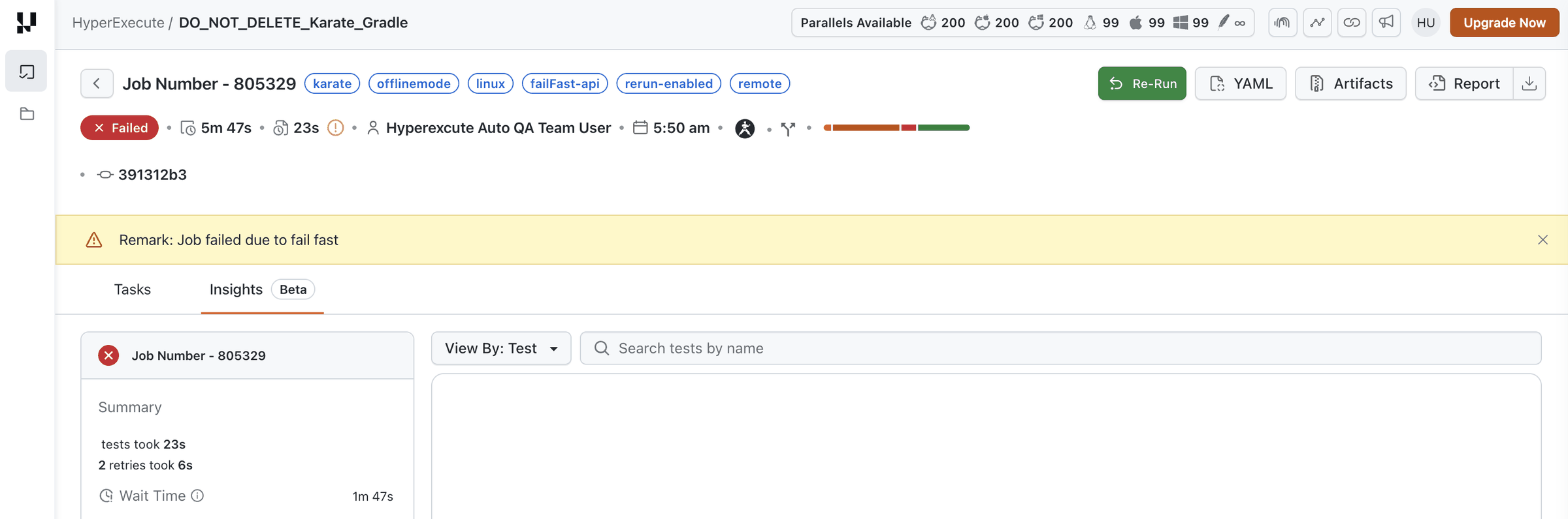 HyperExecute job details page for a failed job, with the Re-Run button in the top bar