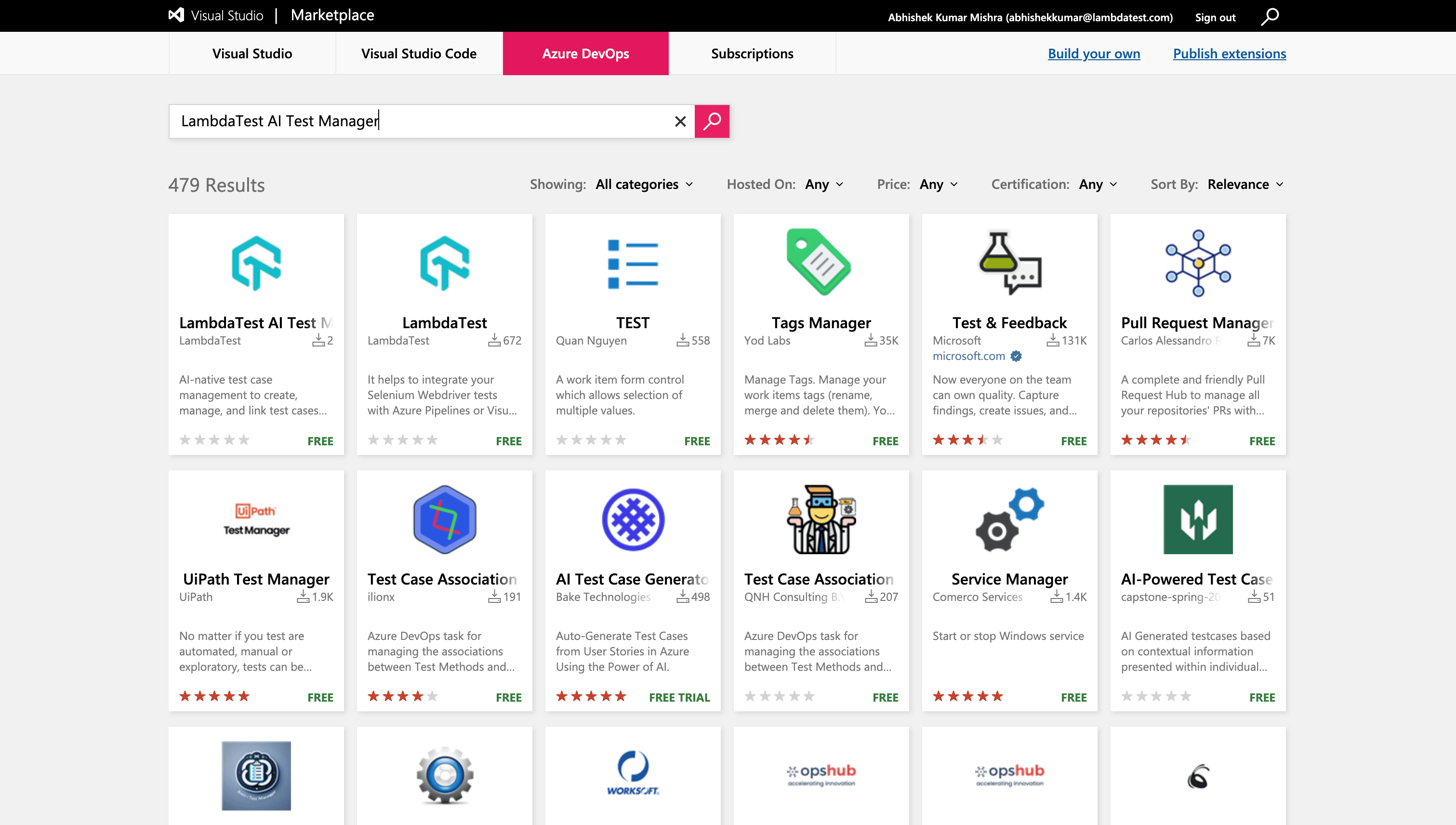 Search LambdaTest App in Azure DevOps Marketplace