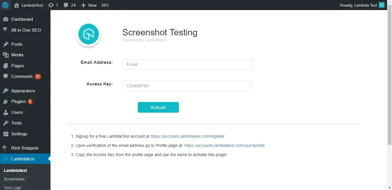 access key for screenshot testing