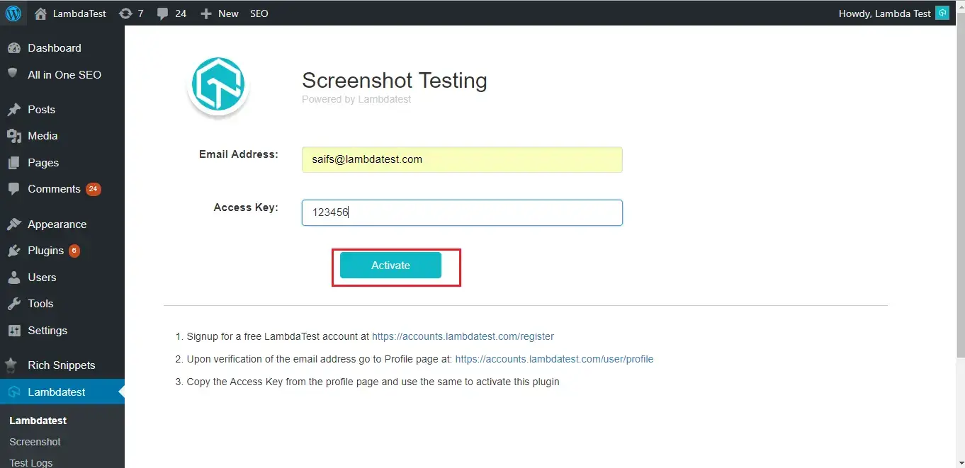 activate screenshot testig feature