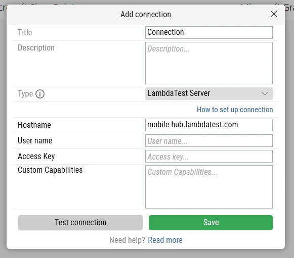 Hostname, Username, Access Key, and Custom Capabilities fields for a TestMu AI Server connection