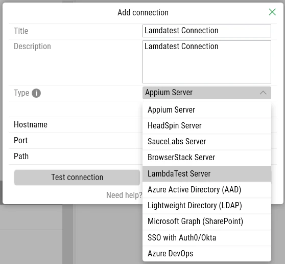 TestMu AI Server selected in the Type drop-down of the Add Connection dialog