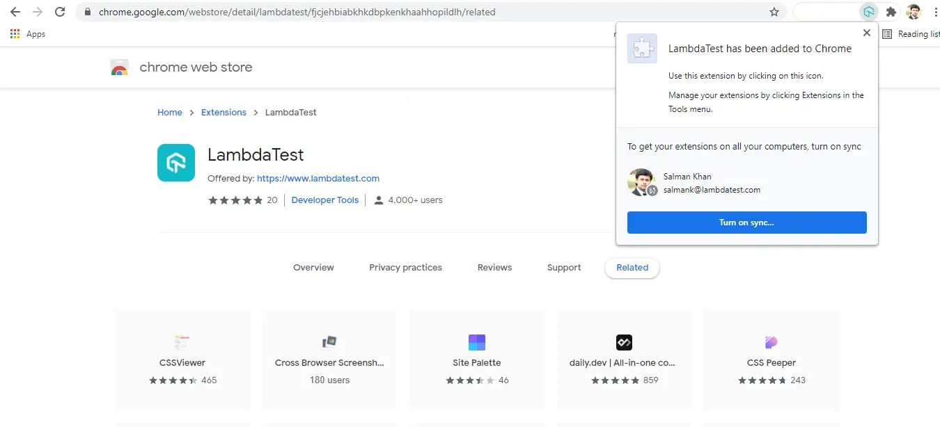 LambdaTest Chrome extension for browser