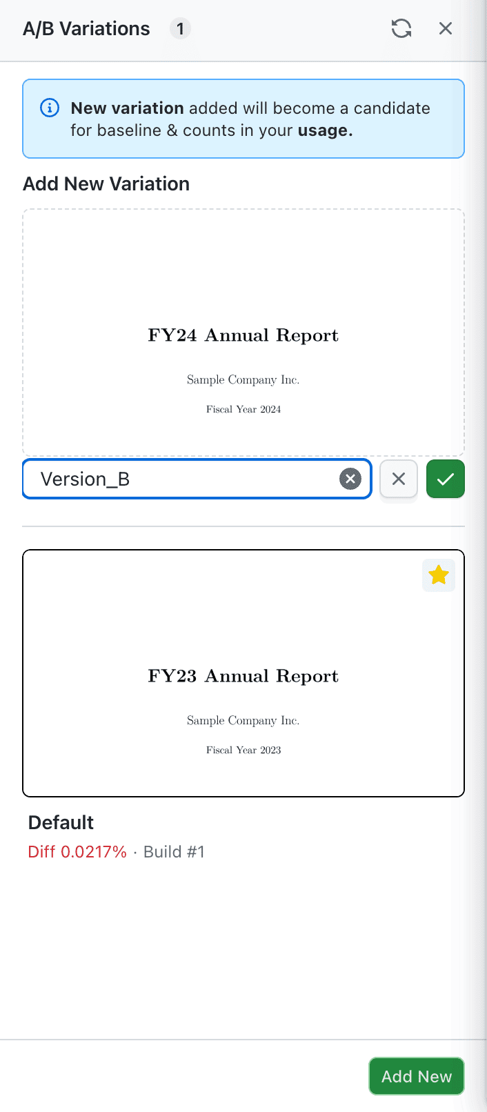 Add new variation control in the A/B testing panel to save the current capture as an additional baseline