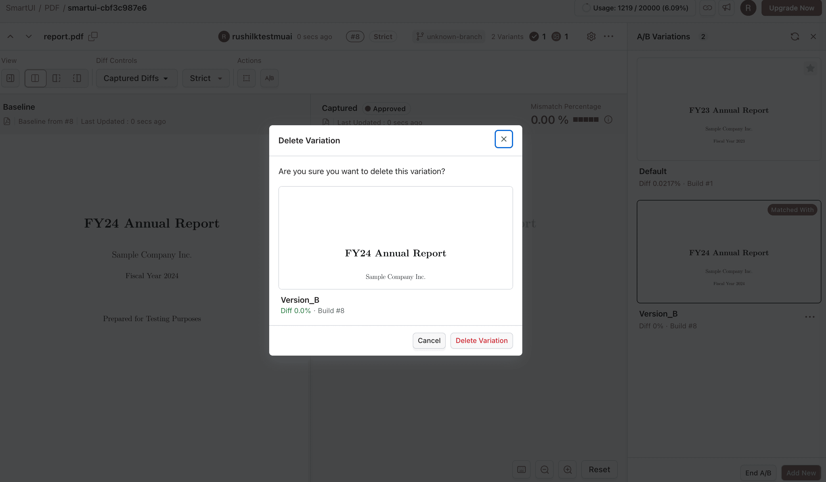 Delete a user-added variation from the A/B testing panel