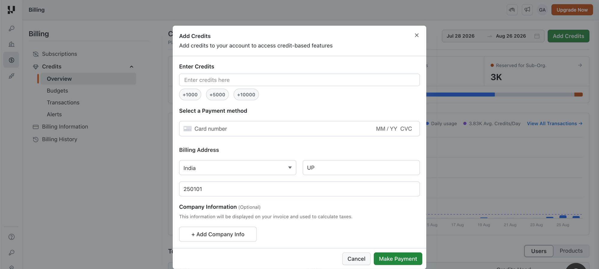 Add Credits modal showing the Enter Credits field, quick add chips, payment method and billing address