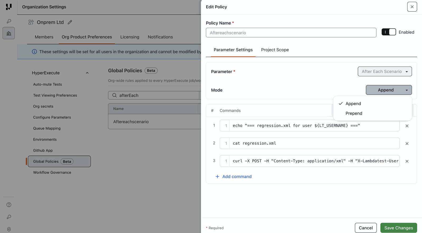 Add Policy drawer with Parameter set to After Each Scenario, the Mode dropdown open showing Append (checked) and Prepend, and the per-OS command list