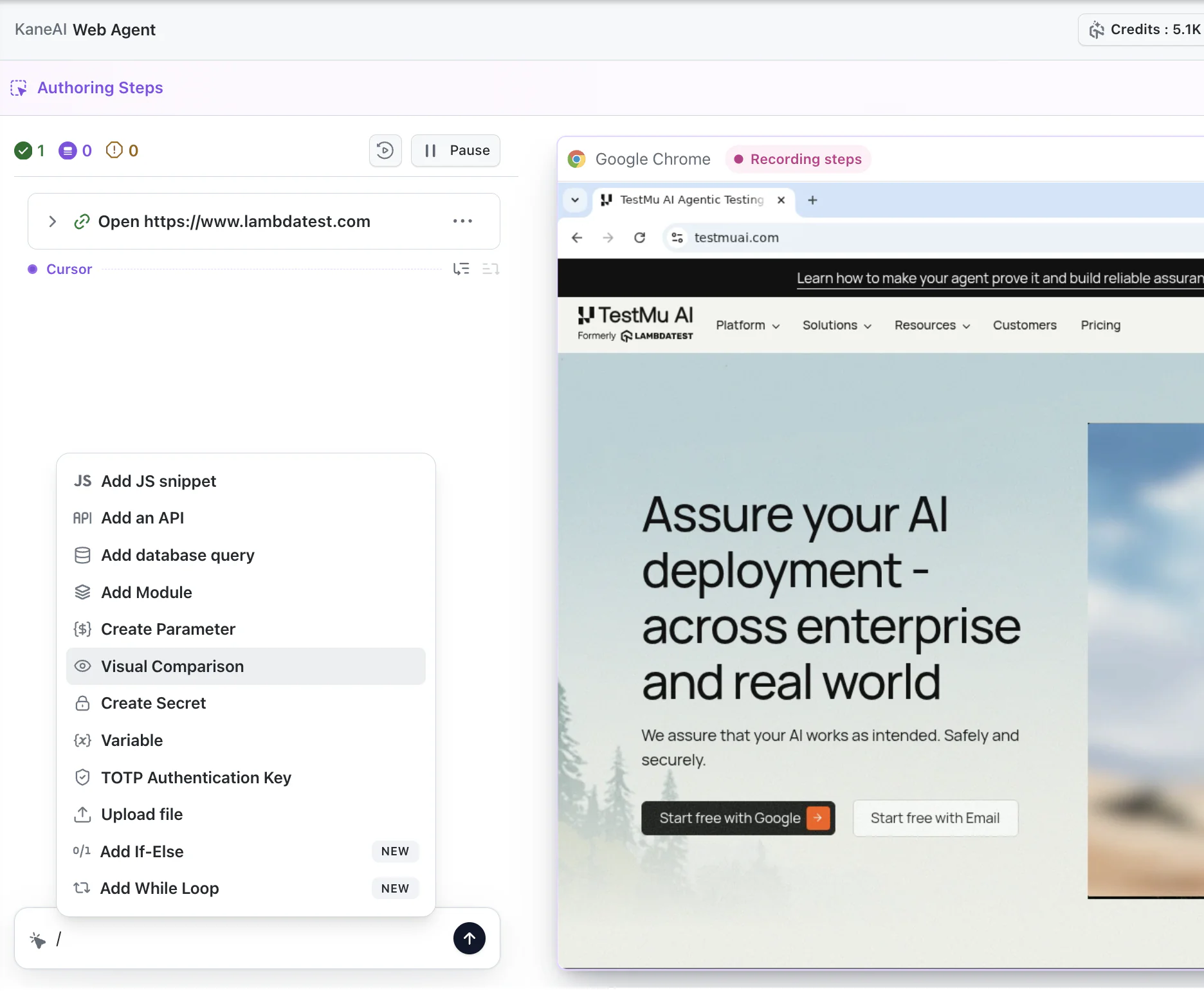 Visual Comparison in the slash command menu of a web test