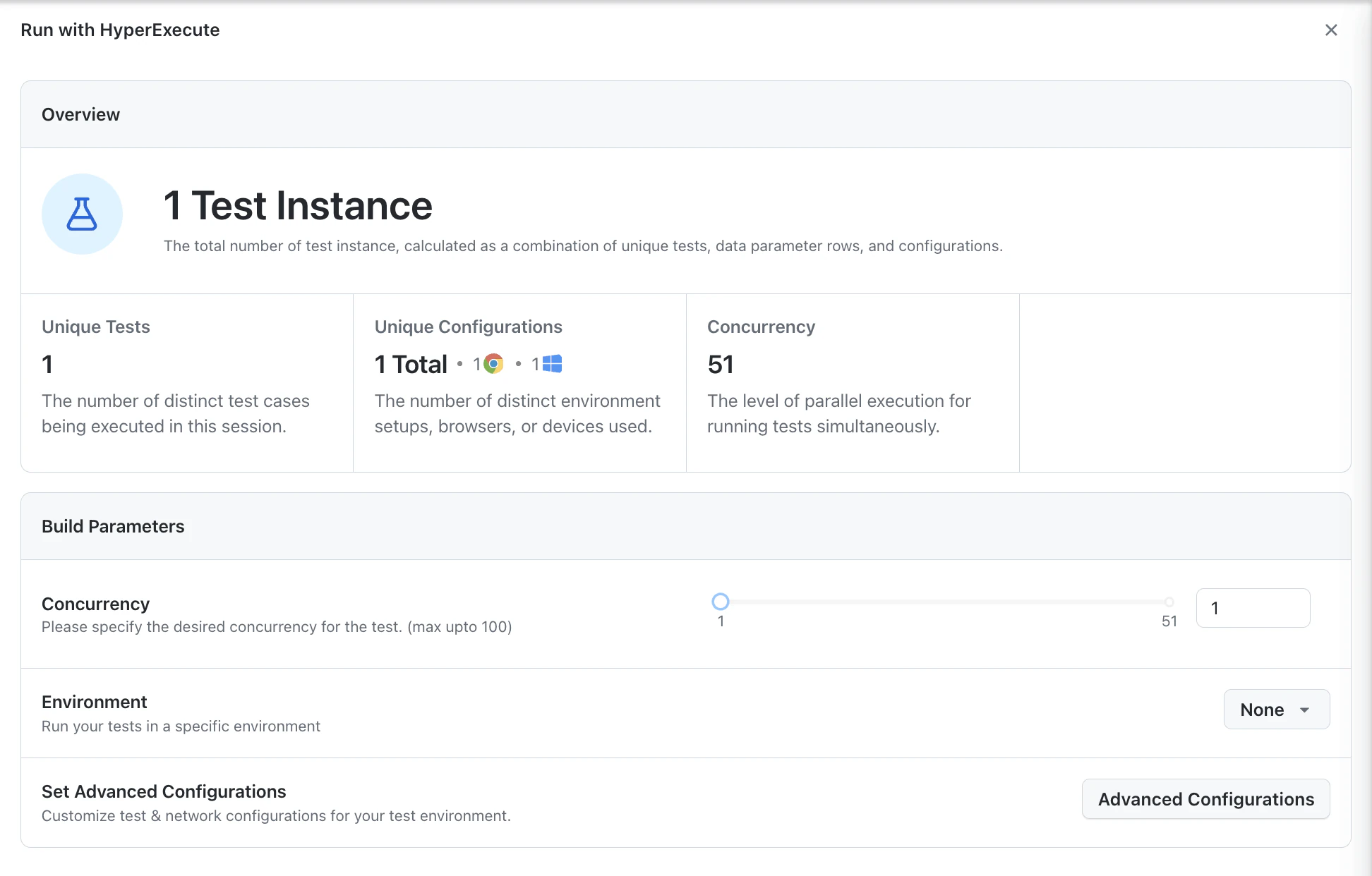 Run with HyperExecute panel with the Advanced Configurations button