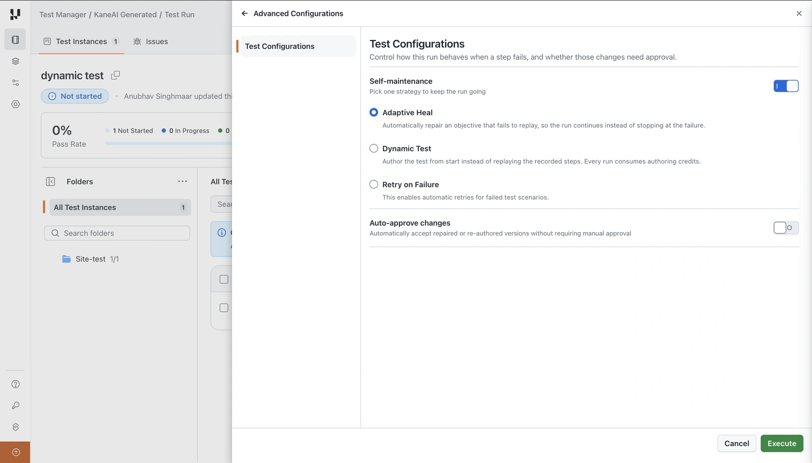 Test Configurations under Advanced Configurations, showing Self-maintenance with Adaptive Heal, Dynamic Test and Retry on Failure, and the Auto-approve changes toggle