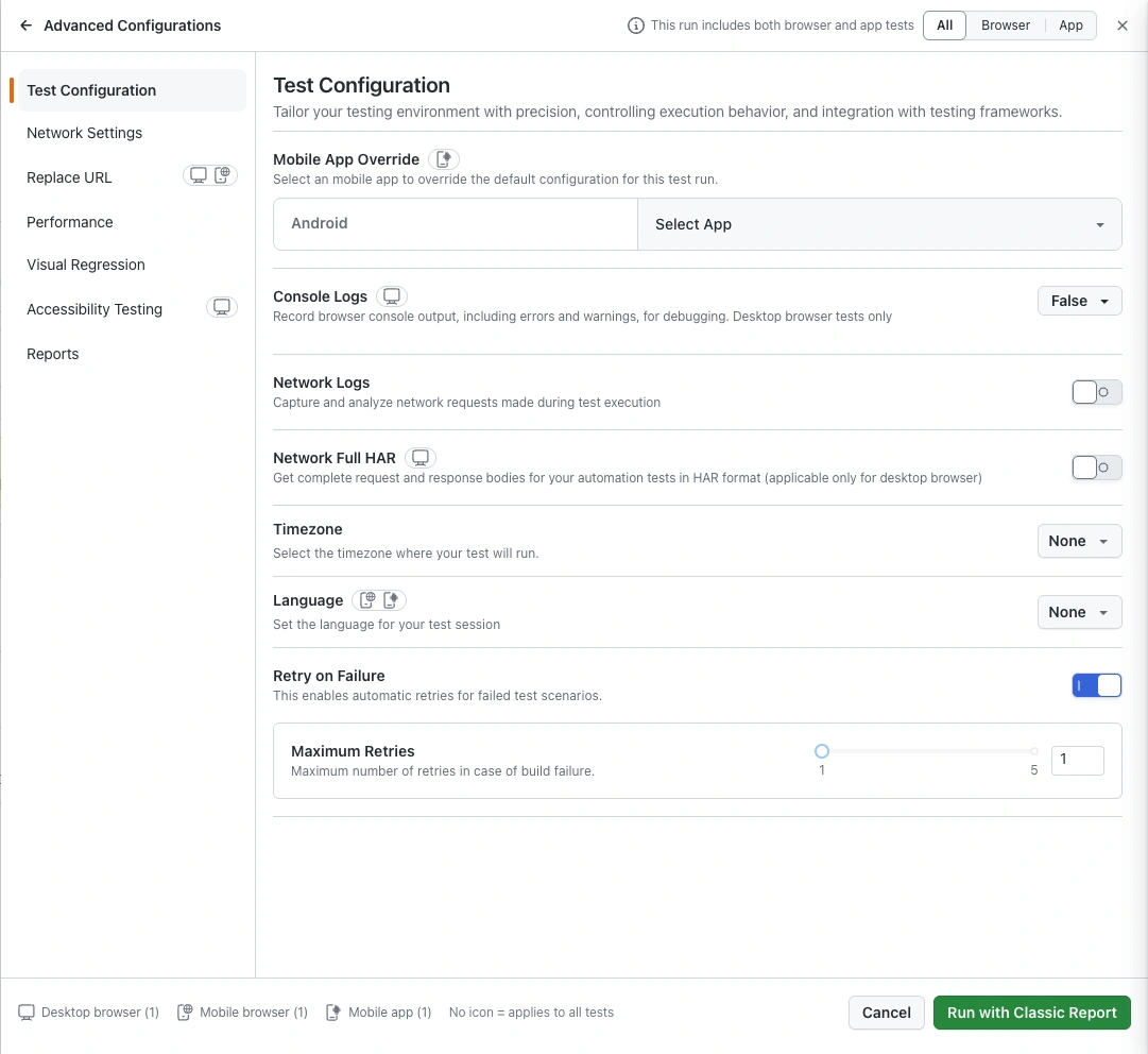 Advanced Configurations panel for a run with a desktop browser, a mobile browser and a mobile app test, showing the All, Browser and App filter, platform icons next to settings, and the footer legend
