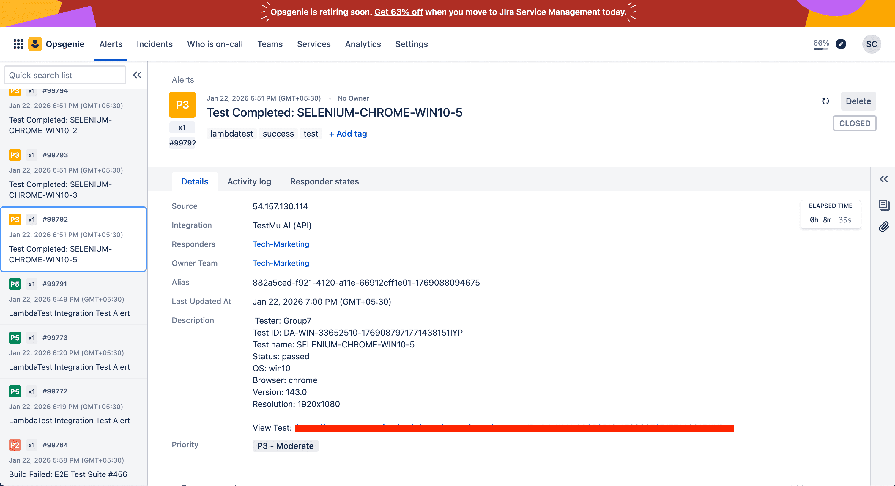 OpsGenie Alert Test Details