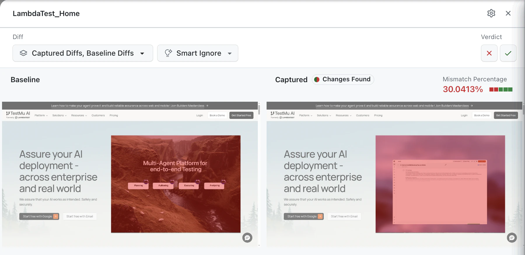 Comparison view with the baseline and captured screenshots and the mismatch percentage
