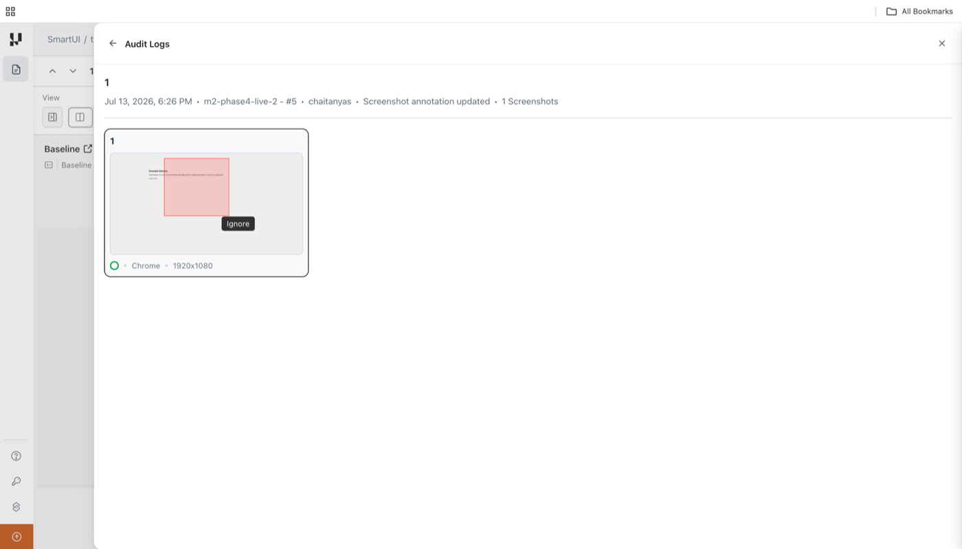 Expanded audit log entry showing a preview of the annotated screenshot with an Ignore region
