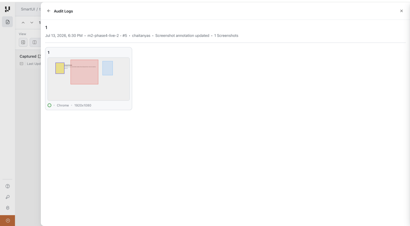 Expanded audit log entry showing a preview of the annotated screenshot with multiple drawn ignore regions