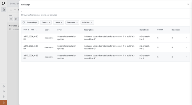 Audit Logs list showing Screenshot annotation updated events with date, user, description, and build columns