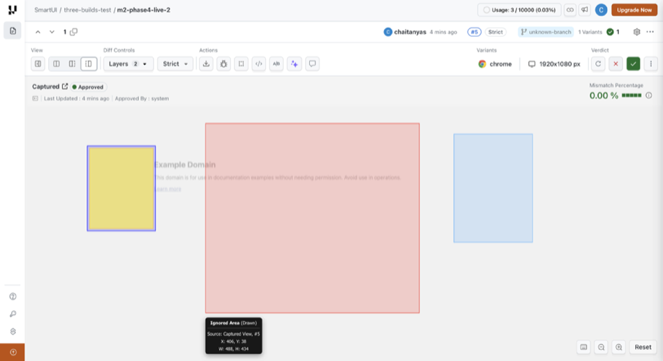 SmartUI captured view with drawn ignore regions and an Ignored Area tooltip showing source and coordinates