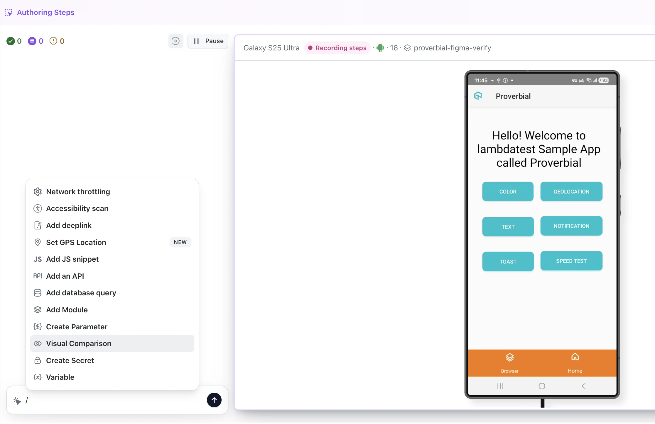 Visual Comparison in the slash command menu of an app test