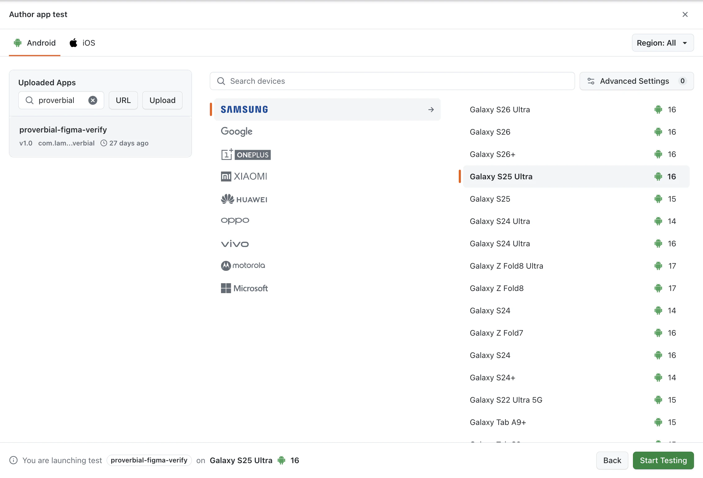 Author app test panel with the app and device selected