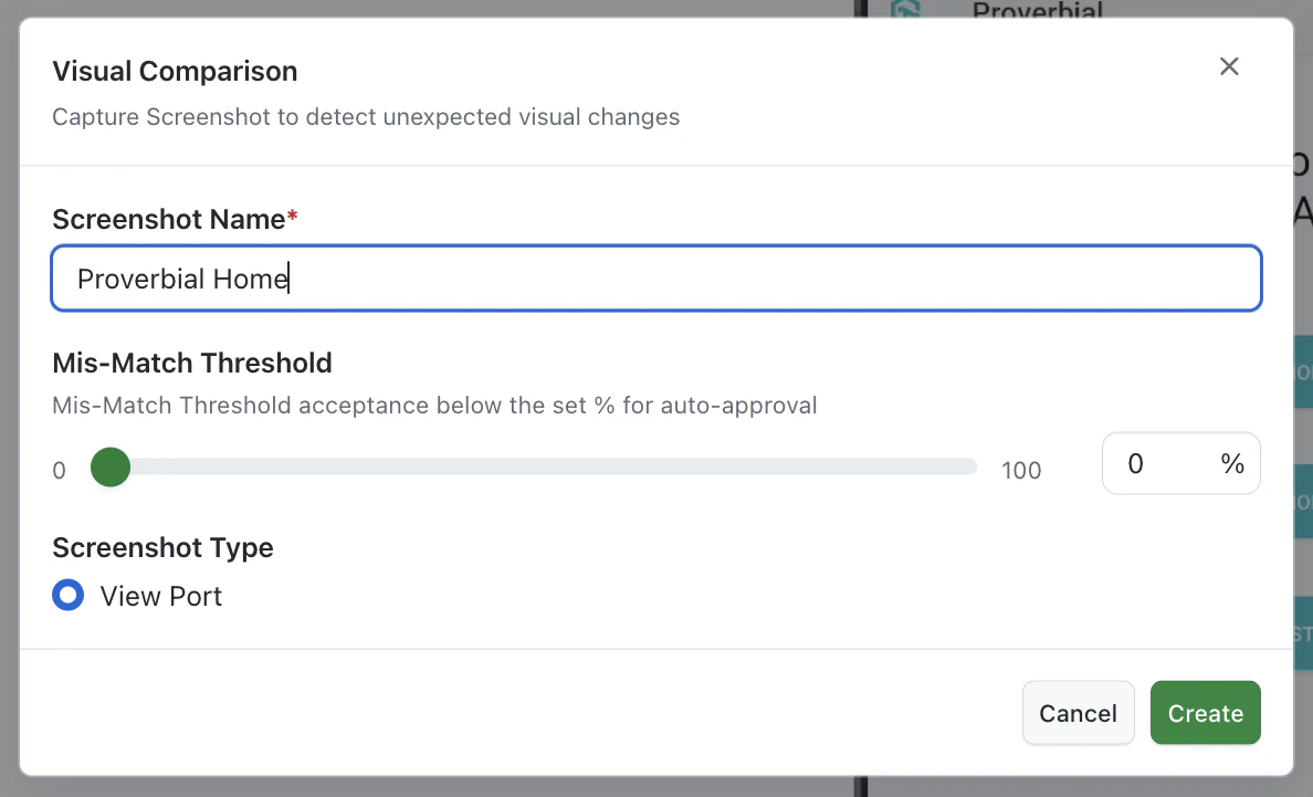 Visual Comparison modal in an app test with only the View Port screenshot type