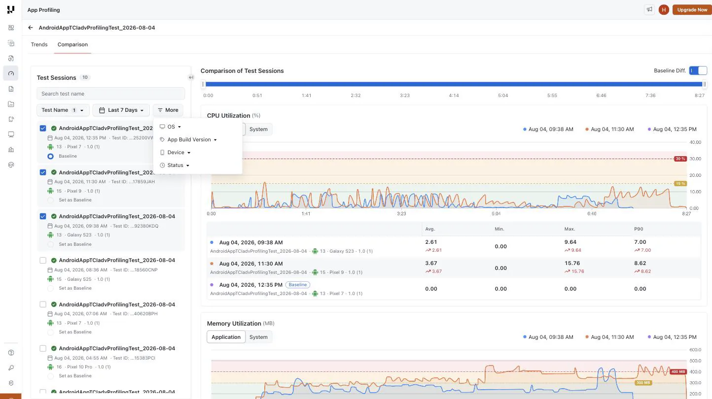 Test Sessions rail with the More filter menu open showing OS, App Build Version, Device and Status