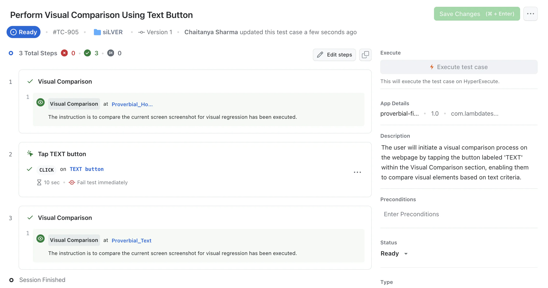 Saved KaneAI app test with two Visual Comparison steps