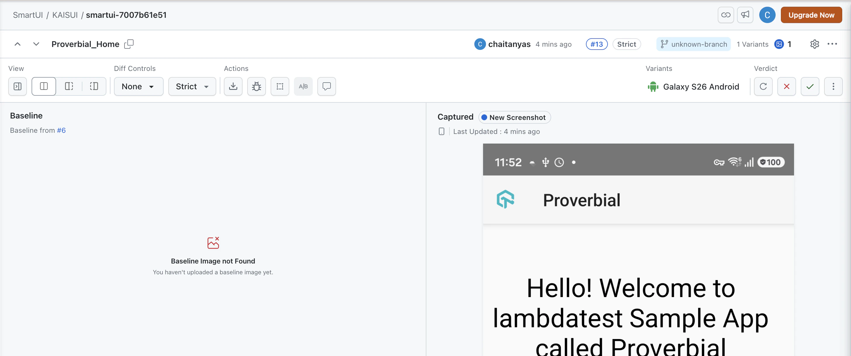 First run on a new device shown as New Screenshot with no baseline image