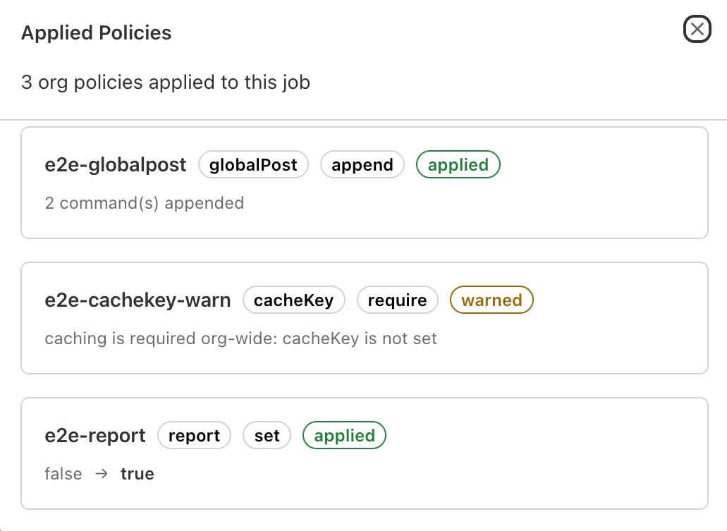 Applied Policies panel listing policy entries with applied and warned outcome badges and their messages
