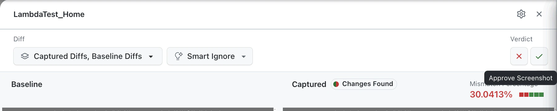 Verdict buttons to reject or approve the screenshot in the comparison view