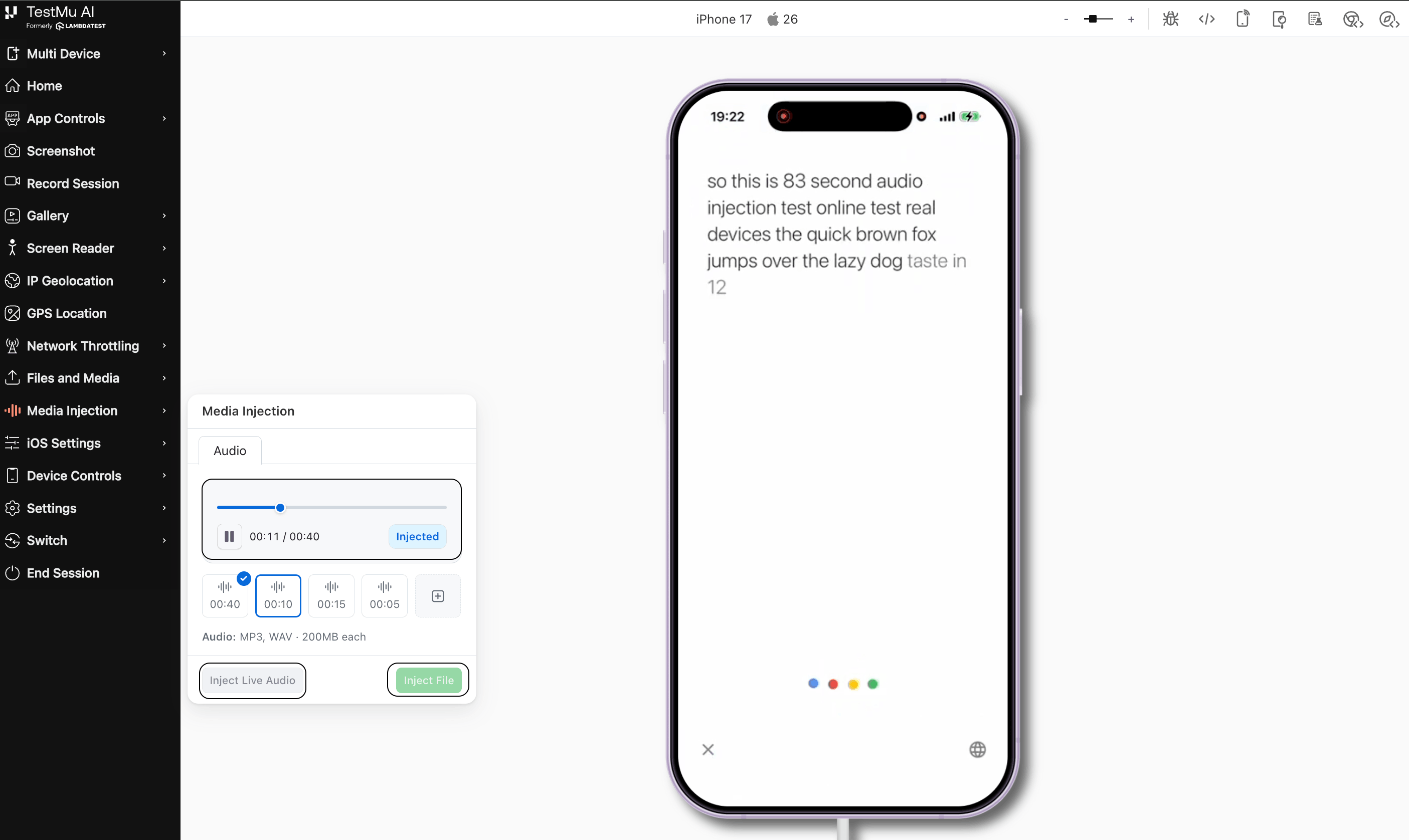 Upload and inject an audio file in the Audio tab