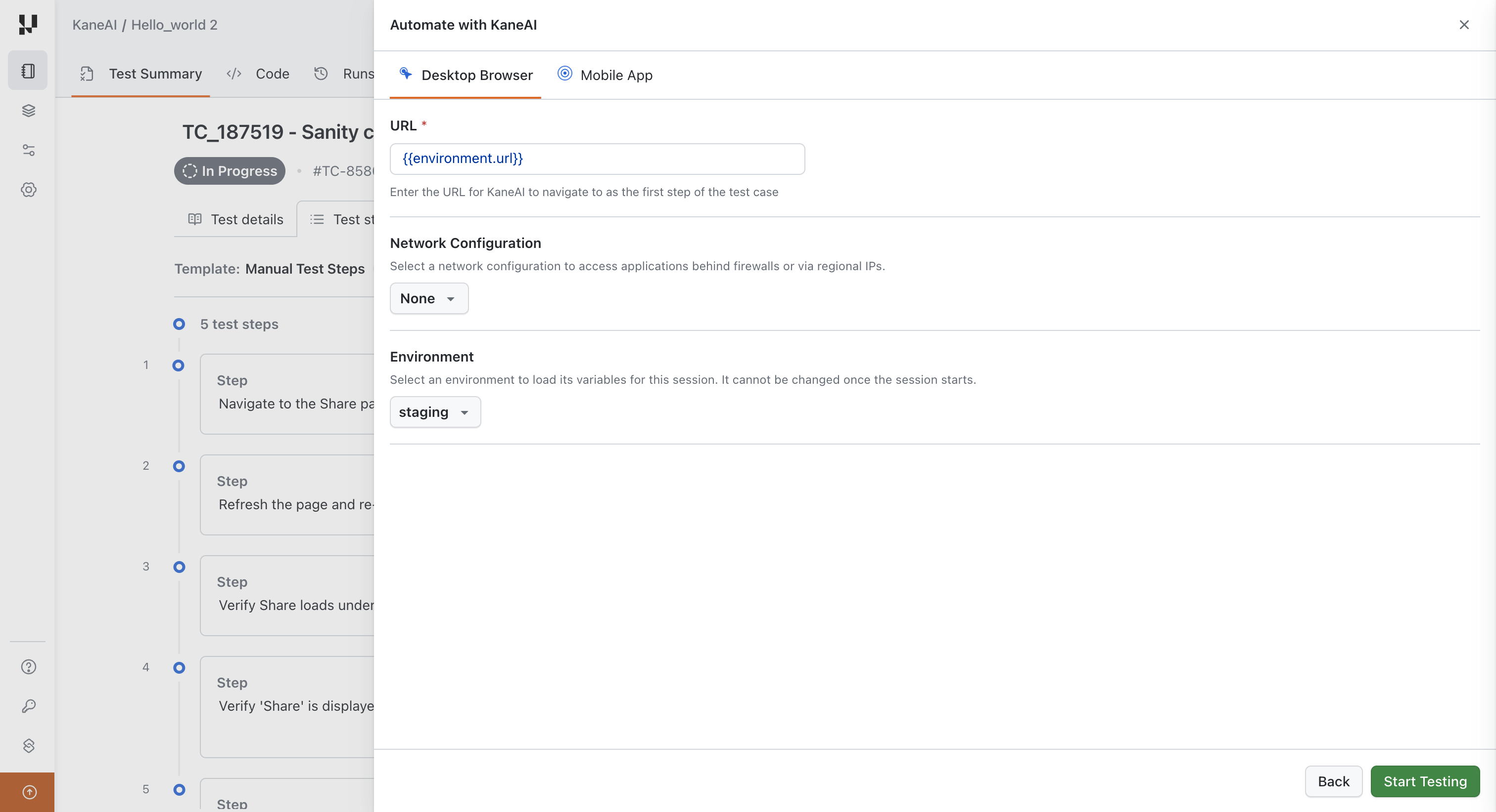 Automate with KaneAI panel with an environment selected before the session starts