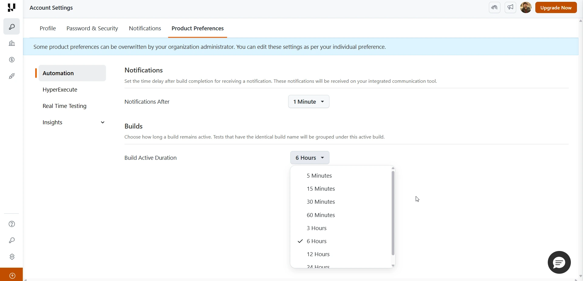 TestMu AI Account Settings Product Preferences showing the Build Active Duration dropdown under Automation