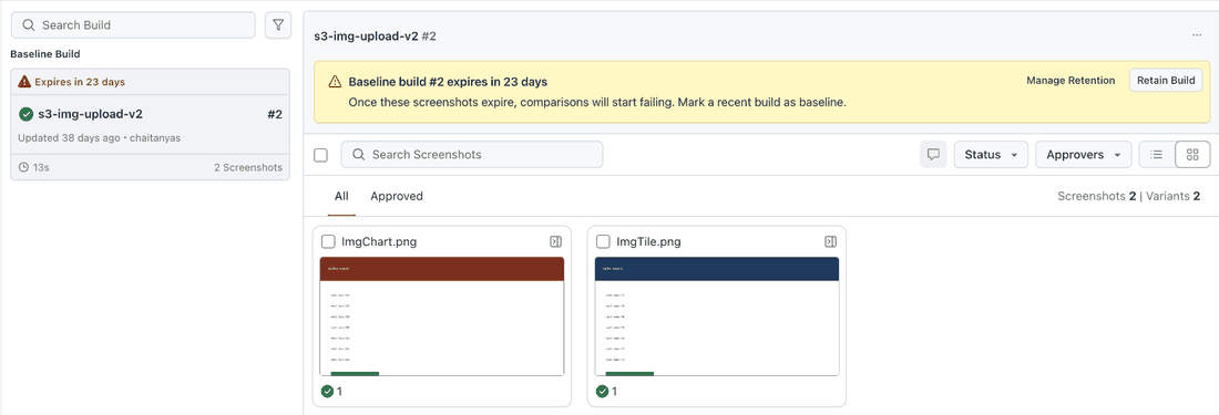 SmartUI Builds page showing the Expires in 23 days label on the baseline build card and the baseline expiry banner with Manage Retention and Retain Build buttons
