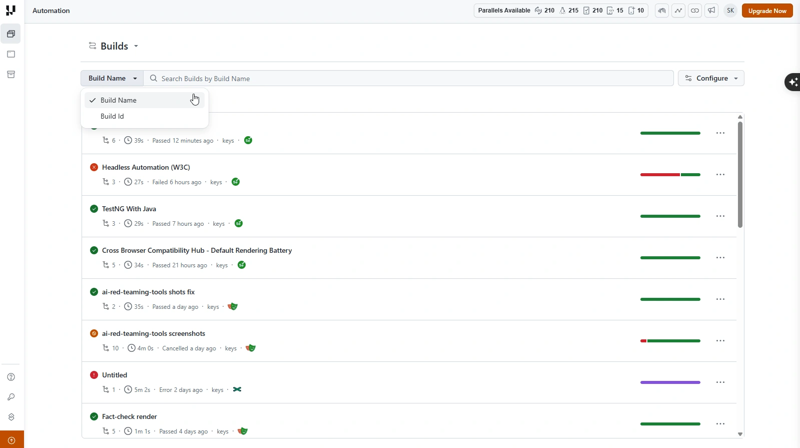 Builds list search bar with the Build Name and Build Id field dropdown