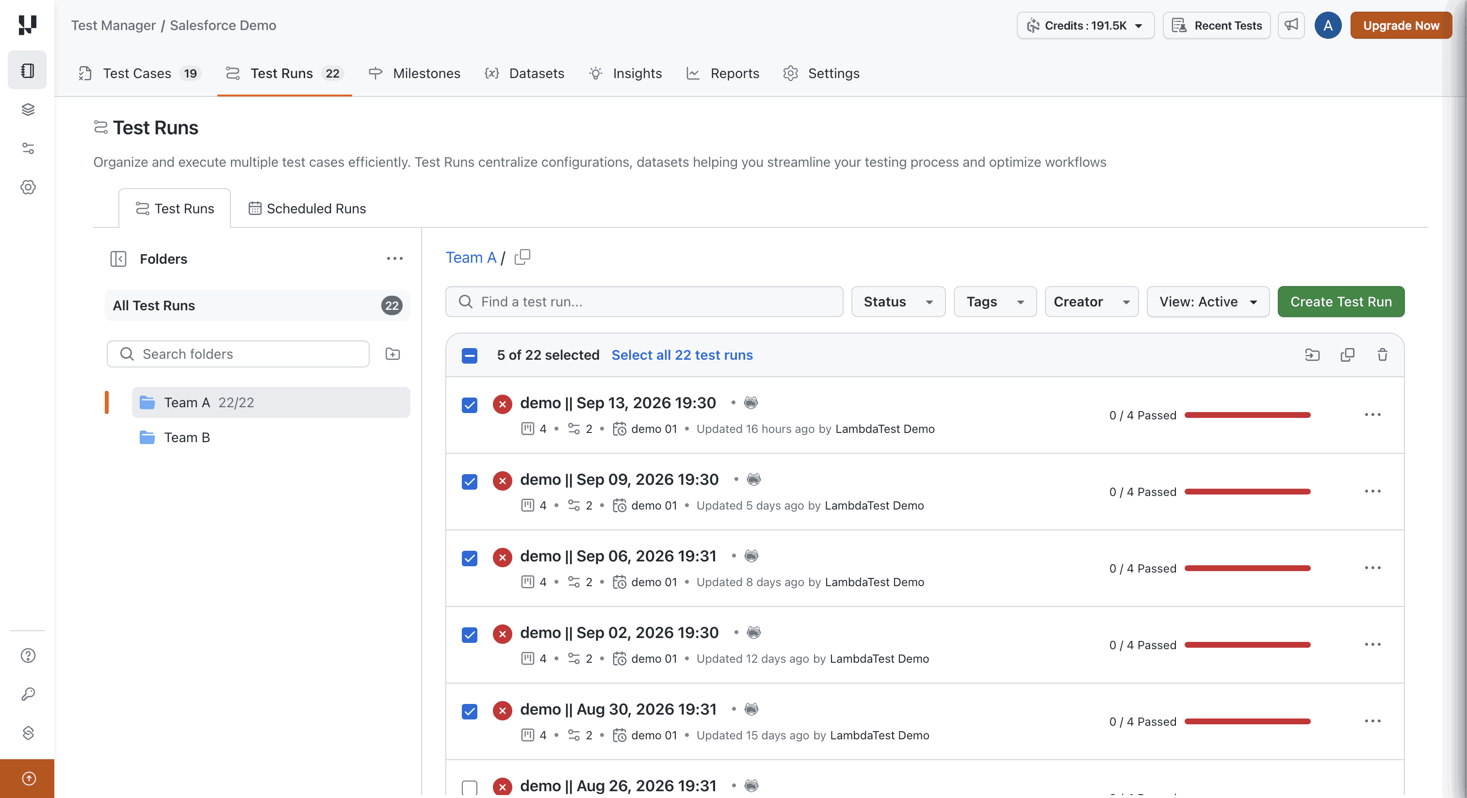 Test runs selected with the Move test runs, Copy test runs, and Delete test runs options