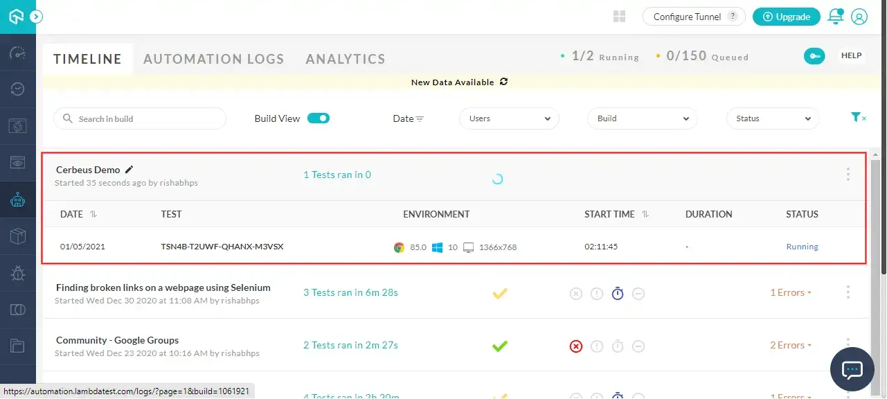 LambdaTest Test Automation Dashboard