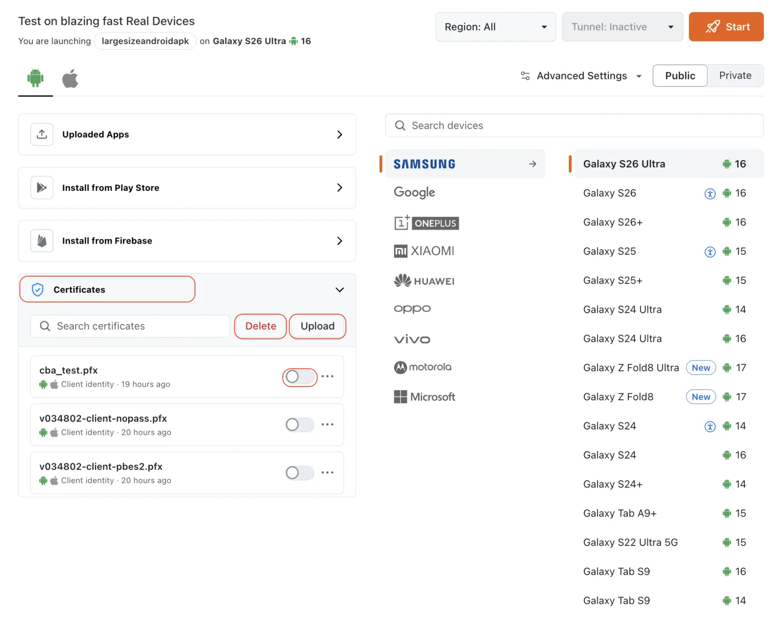 Upload and select certificates on the App Testing launch page