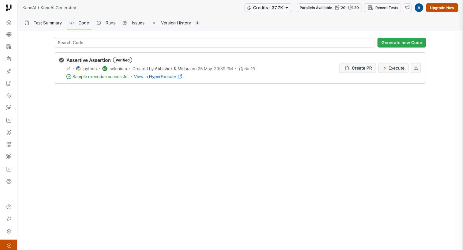 KaneAI Code tab showing generated code with status and actions