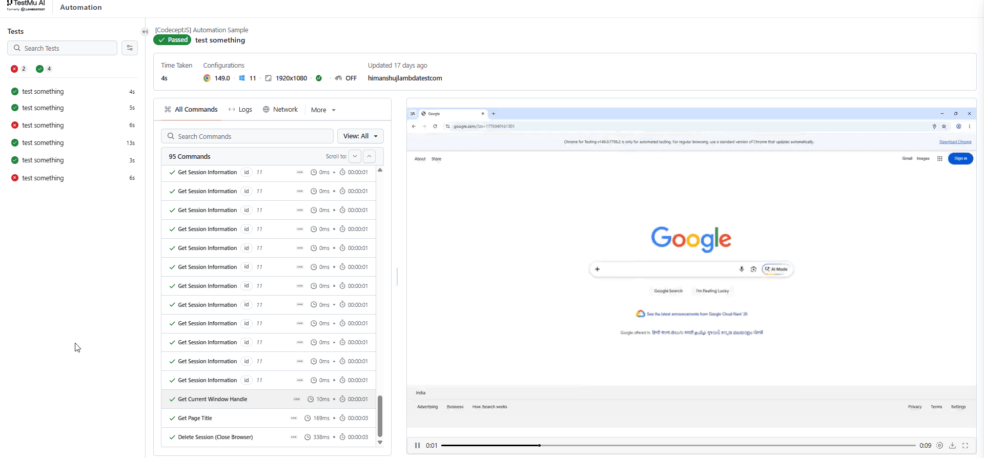 CodeceptJS test results on TestMu AI Automation Dashboard