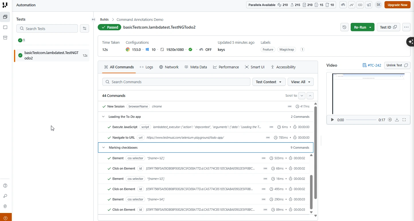 All Commands tab showing stepcontext annotations grouped as Loading the To-Do app and Marking checkboxes, with the Test Context filter