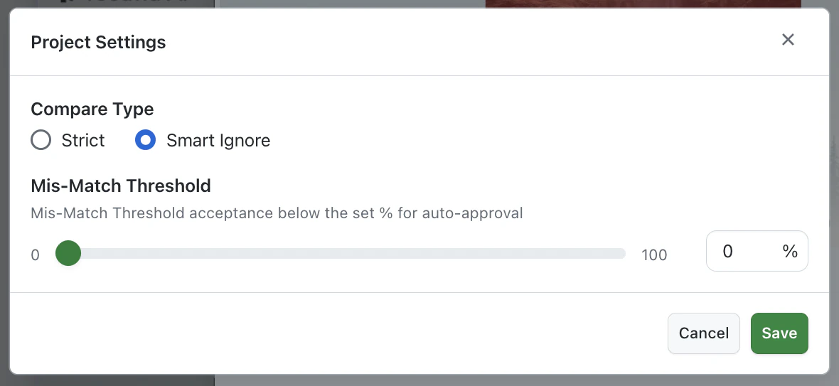 Project Settings with Compare Type and Mis-Match Threshold