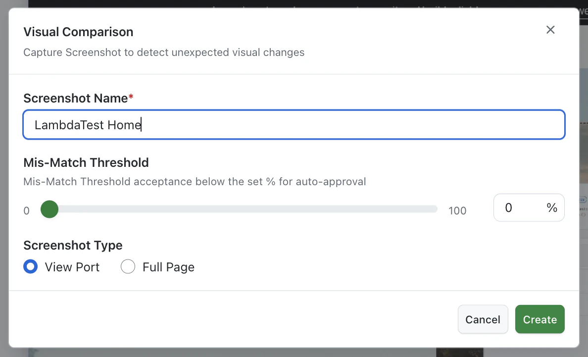 Visual Comparison modal with Screenshot Name, Mis-Match Threshold and Screenshot Type