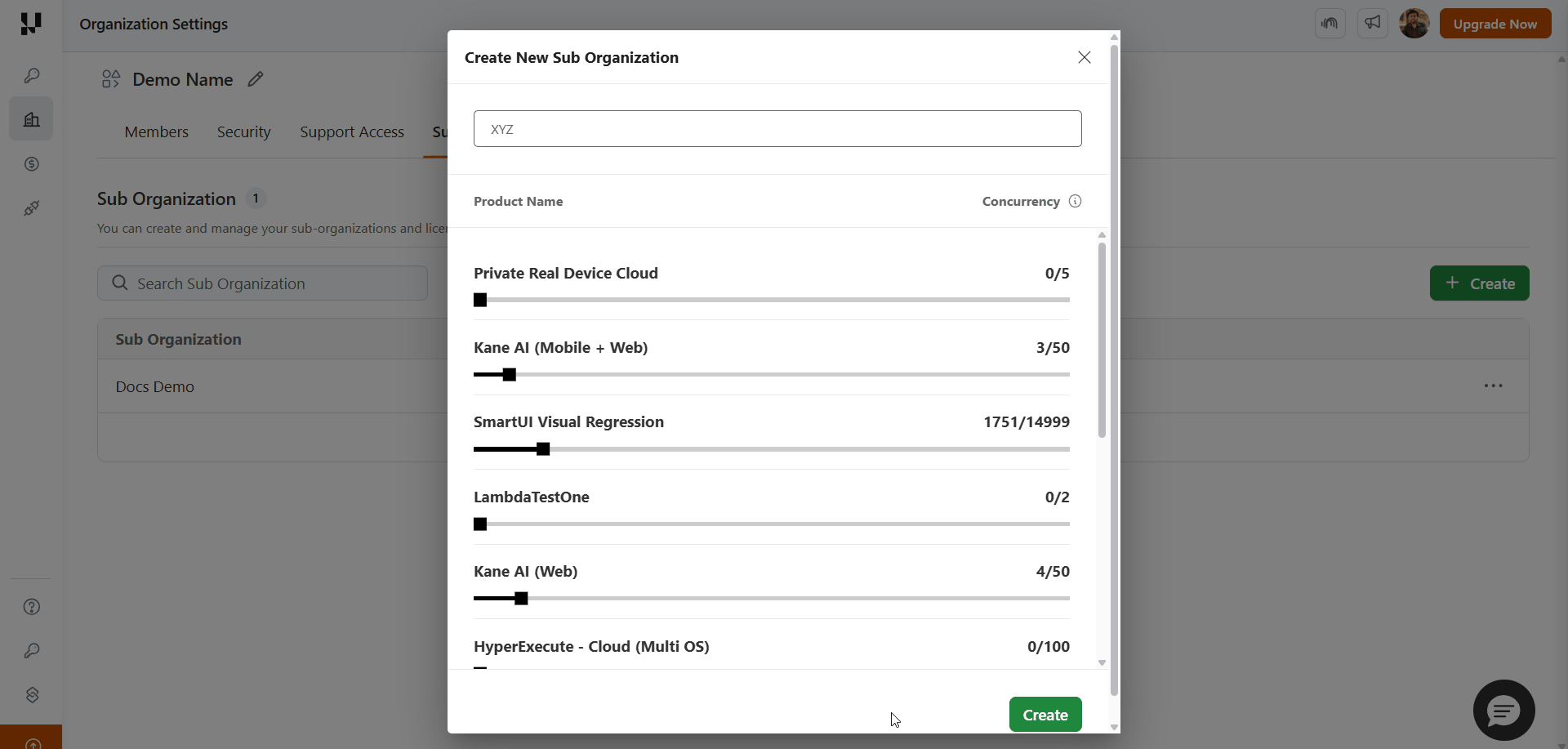 Create New Sub Organization dialog with a name field and per-product concurrency sliders