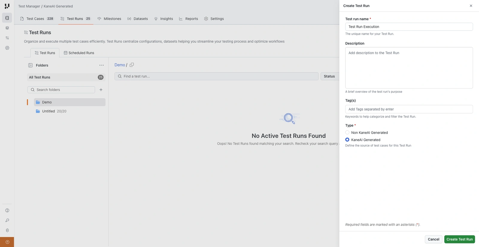 Create Test Run panel with name, description, tags, and type fields