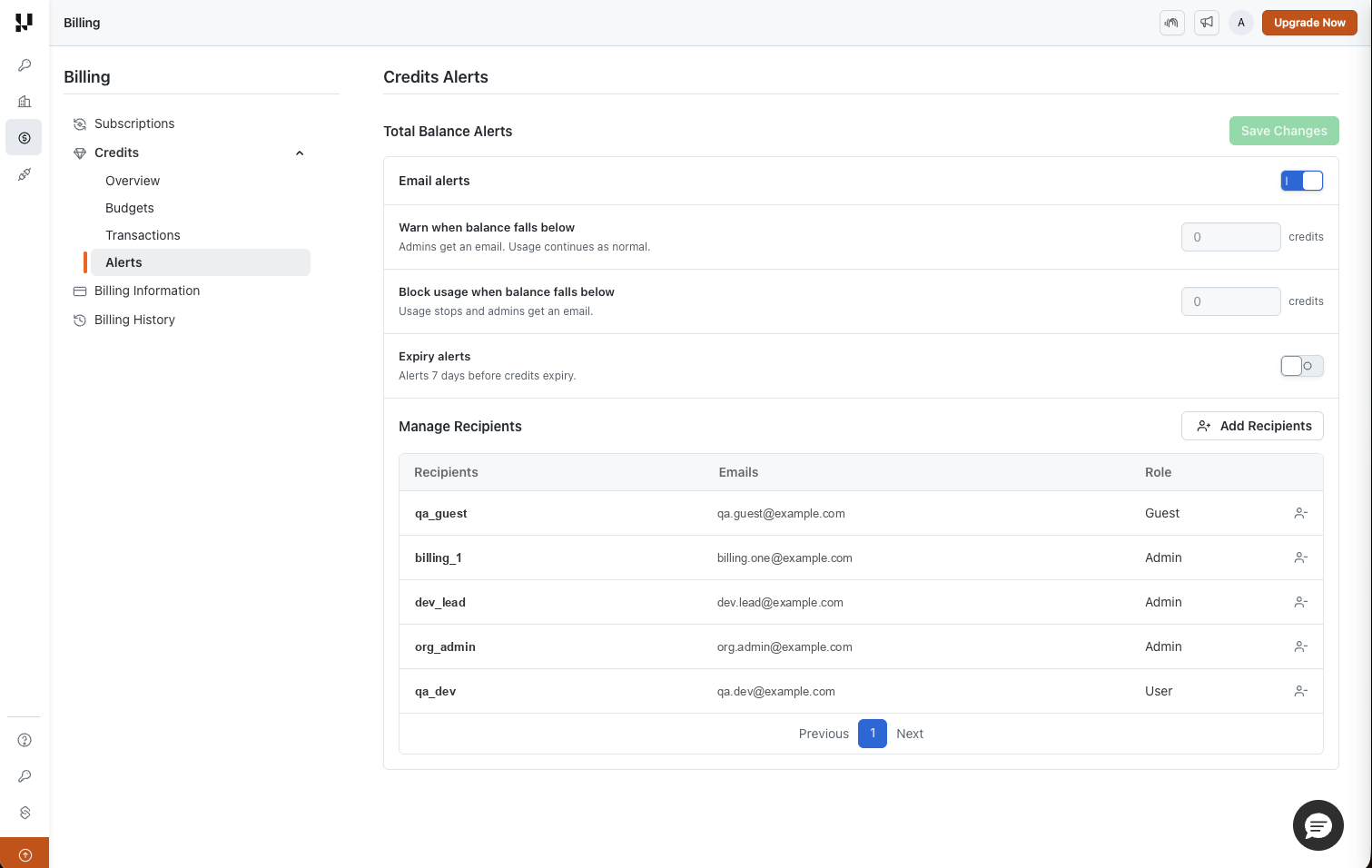 Credits Alerts page with the email alerts toggle, warn and block balance thresholds, expiry alerts and manage recipients