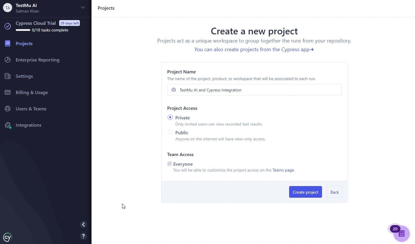 Cypress Cloud Create a new project form with project name, access, and team settings